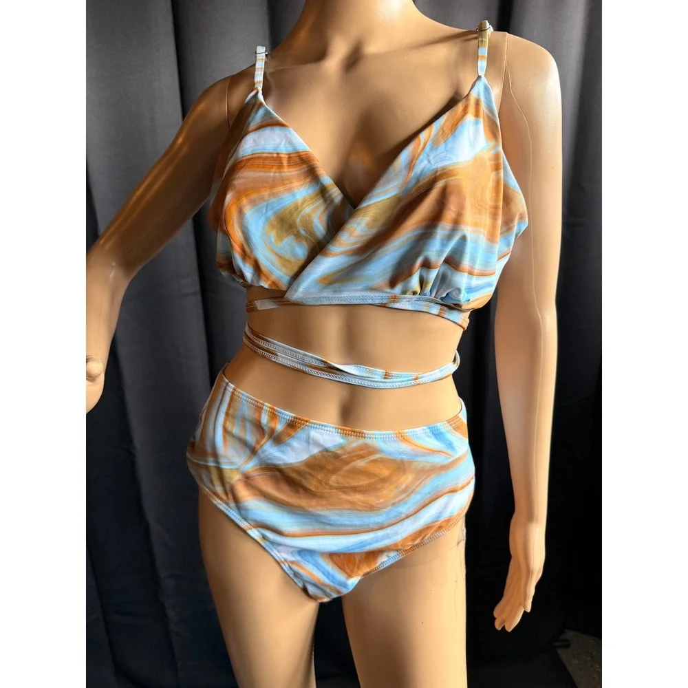 Marble Swirl 3 Piece Bikini Set Mesh Skirt Cover Up Blue Orange 2XL Coastal Y2K
